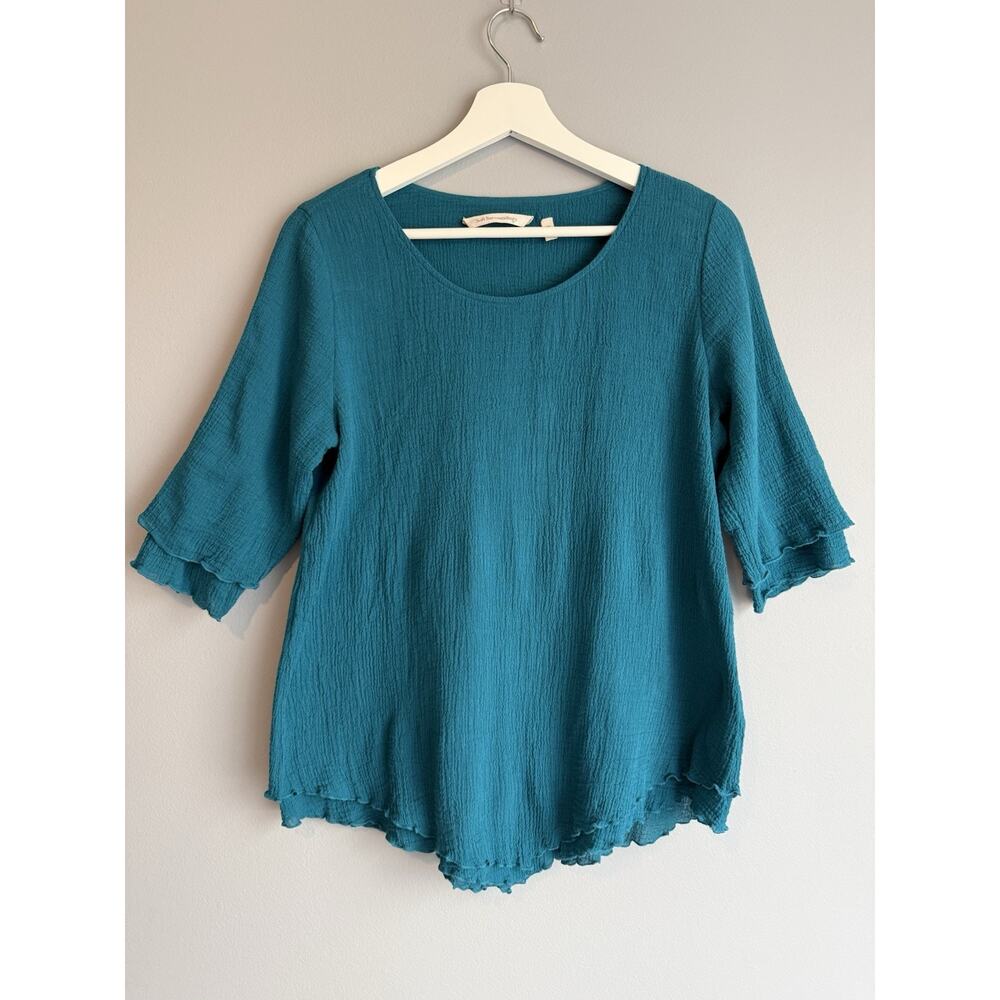 Soft Surroundings Women Teal Cotton Gauze Blouse XS Boho Flowy Short Sleeve Top